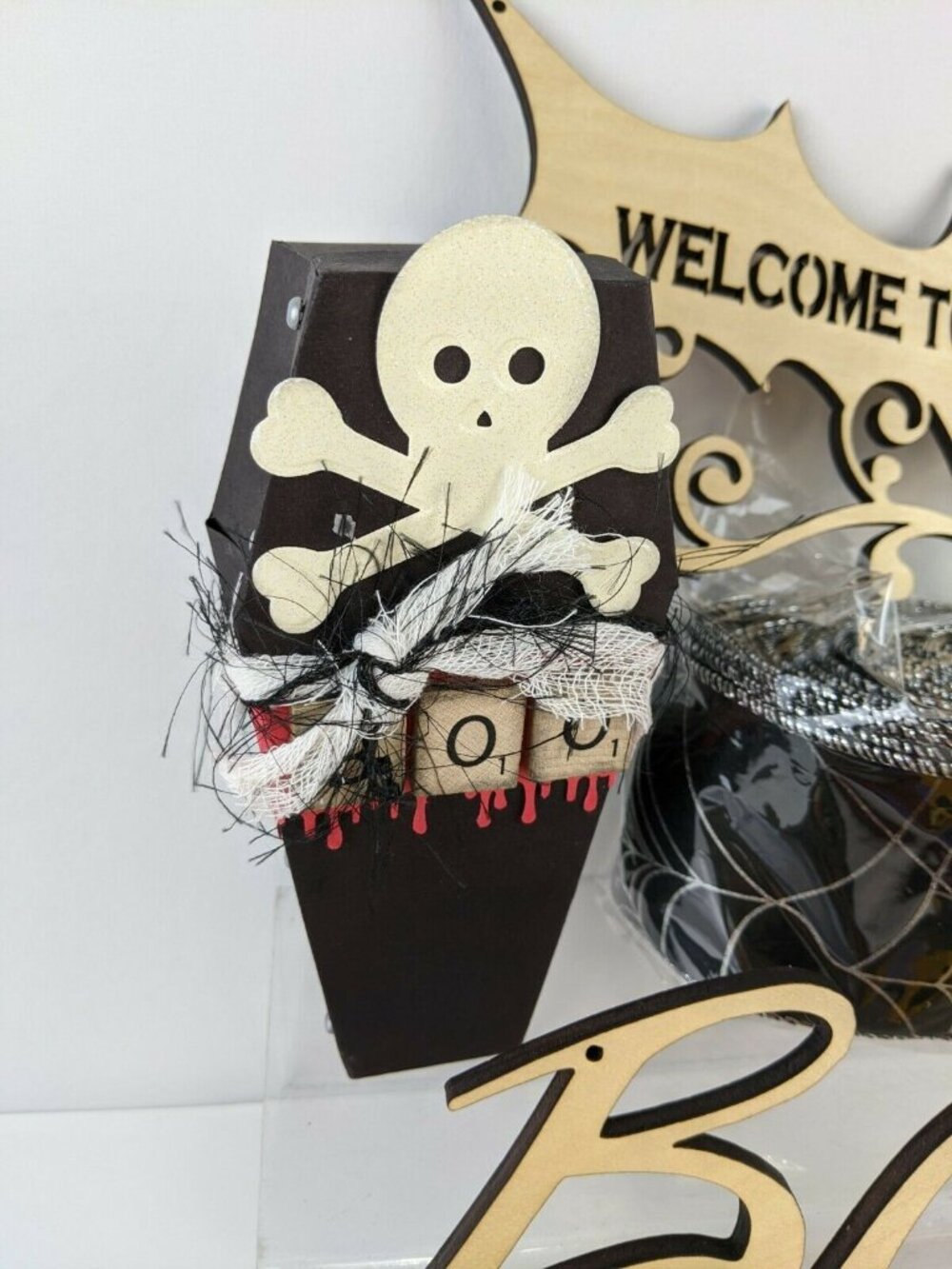 Halloween Wreath Ribbon 2.5x10 w/ 2 wood decor 2 cardboard decor Boo Banner New - Picture 3 of 10